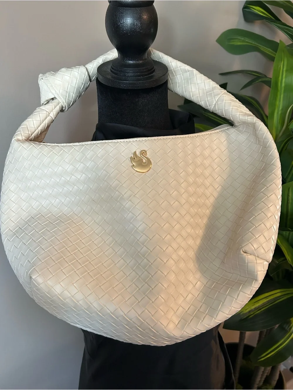 V73 Zelda Cream Woven Shoulder Hobo Knot Bag with Gold Swan Emblem